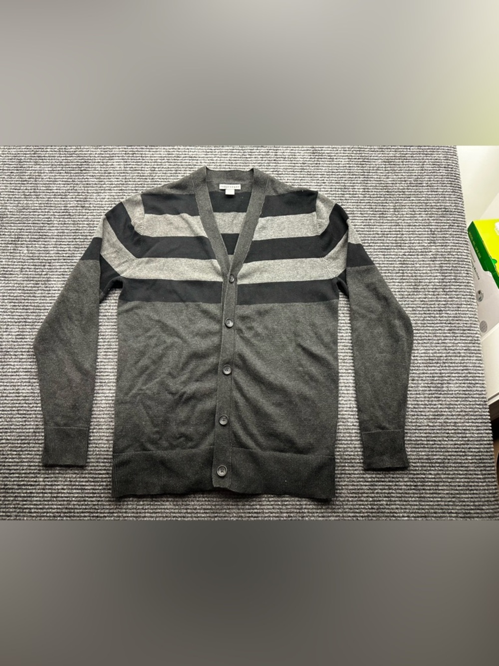 Men’s Black Paraphrase Striped Button Front Knit Cardigan Sweater Size Small